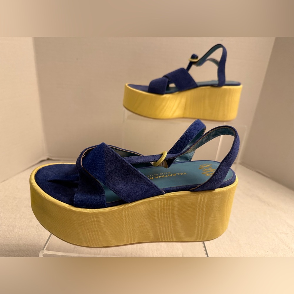 Valentina Rangoni Platform Sandals Italian Designer Cobalt Blue & Gold Size 7 - Picture 2 of 10